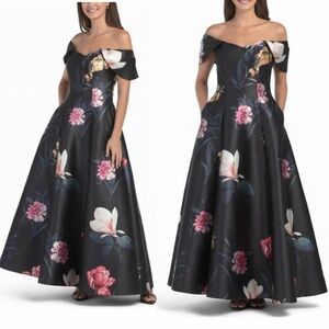 RENE BY RENE RUIZ Off The Shoulder Floral Tea Length Pockets Dress Evening Gown